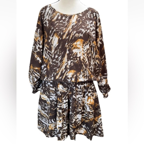 W118 Walter Baker Blouson Dress Large Brown Orange Animal Print Balloons Sleeves - Picture 1 of 8